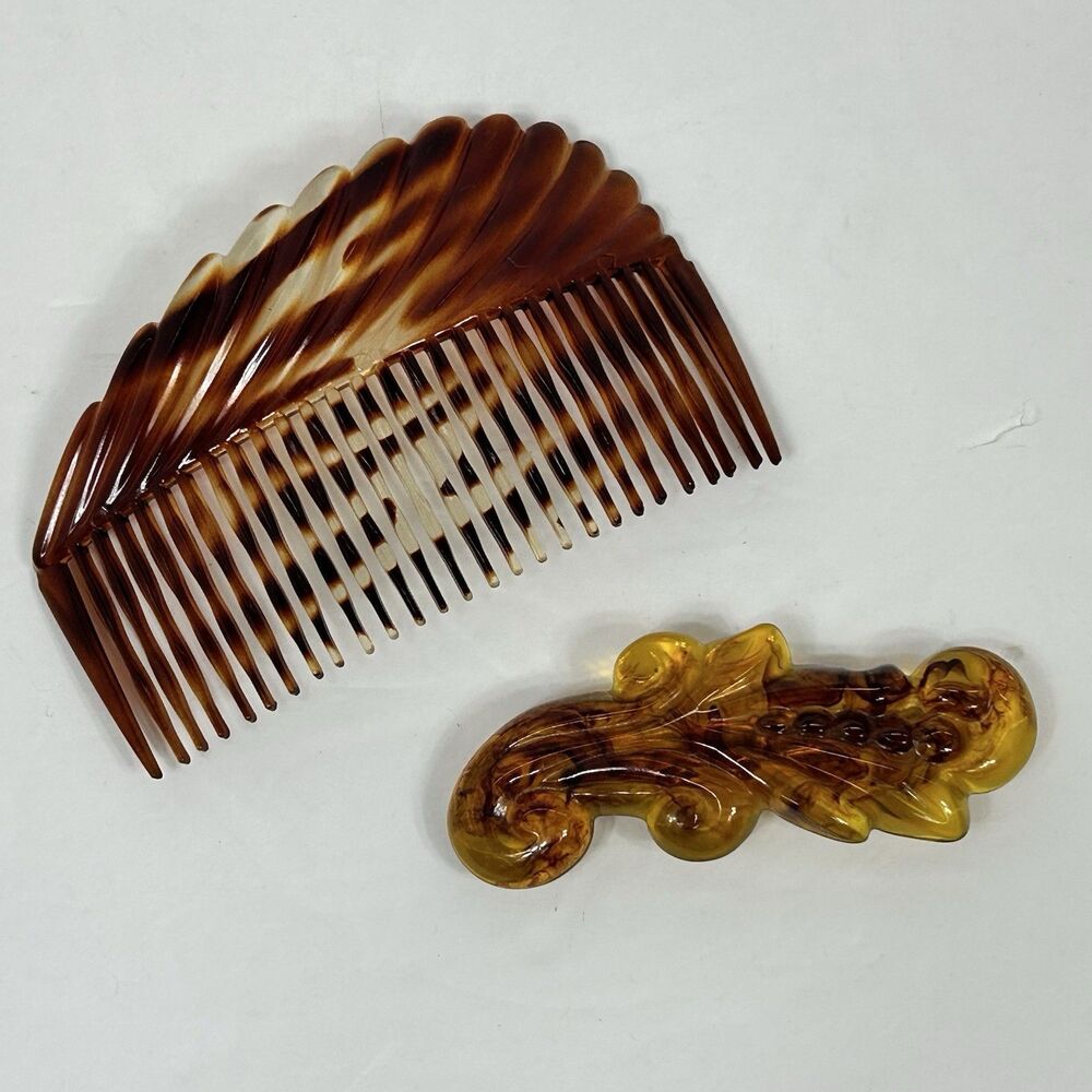 Vintage Tortoise Shell Hair Comb Clip Retro Amber Lot Ornate Accessories